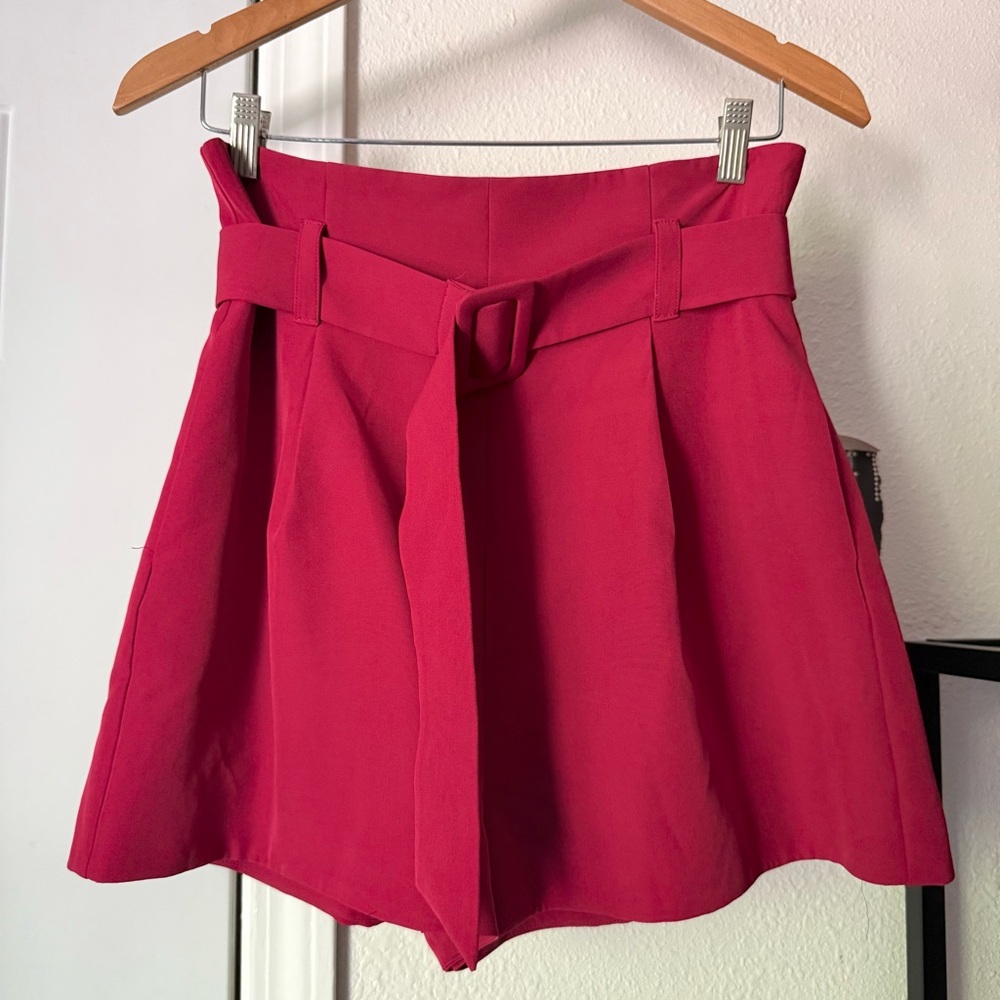 SONG OF STYLE red belted high rise pleated front shorts